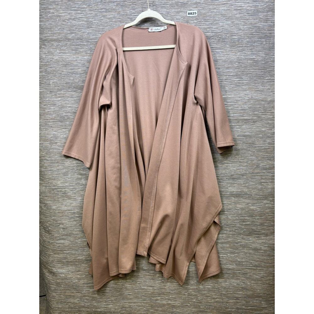Lila Kass Cardigan Sweater Womens 12 Beige Open Front 3/4 Sleeve Drape Knit